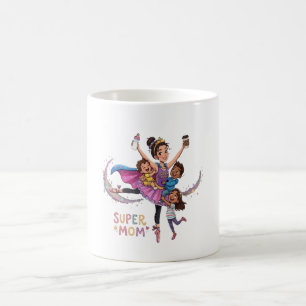 Caneca De Café Super Mãe: Mãe Heroína com Três Filhos Ilustração