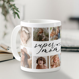 Caneca De Café Super Mãe Personalizada Colagem de 10 Fotos