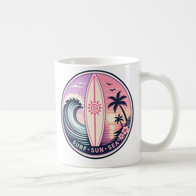 Caneca De Café Surf • Sol • Mar Insígnia de Onda Tropical Retro | (Direita)