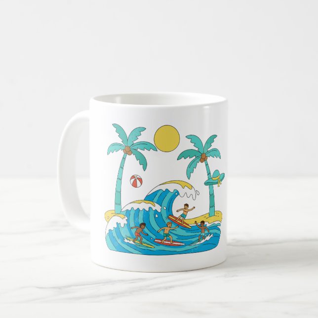 Caneca De Café Surf & Waves – Cartoon Beach Gift Mug (Frente Esquerda)