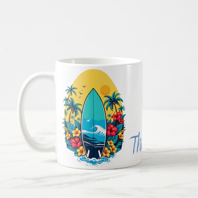 Caneca De Café Surfboard de na moda com flores tropicais exuberan (Esquerda)