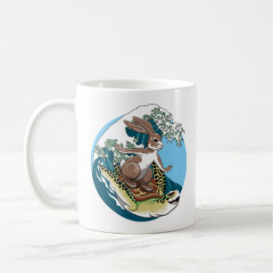 Caneca De Café Surfe de Verão - Ilustração de Tartaruga e Coelho