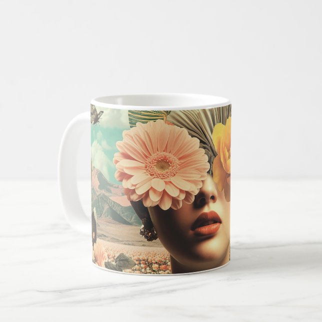 Caneca De Café Surreal Female Portrait With Flowers Covering Eyes (Frente Esquerda)