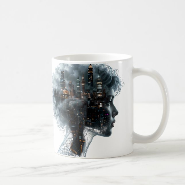 Caneca De Café Surreal Mindscape: City within a Woman's Head (Direita)
