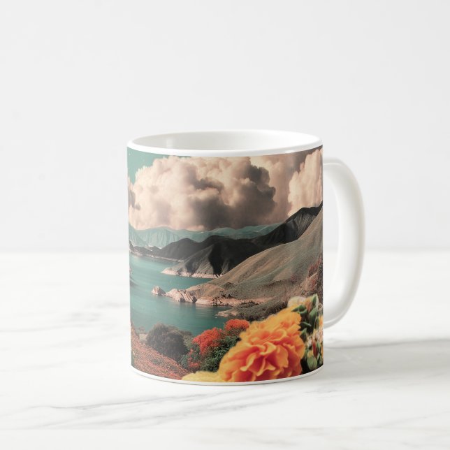 Caneca De Café Surreal Mountain Landscape with Planets and Clouds (Frente Esquerda)