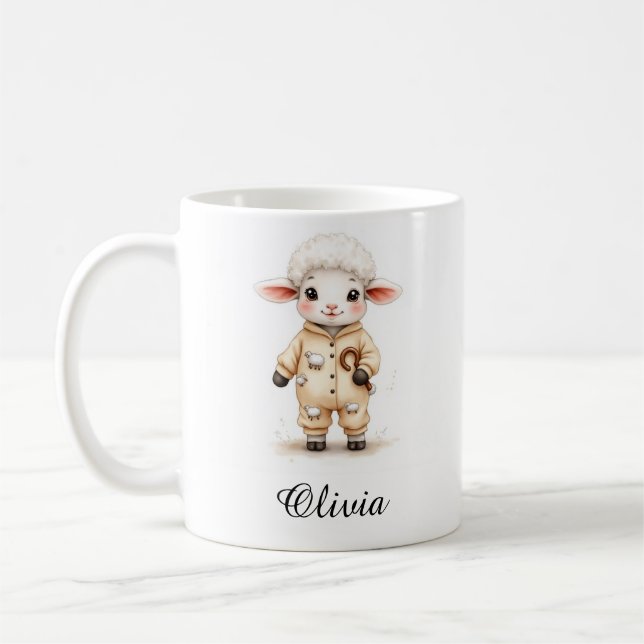 Caneca De Café Sweet Lamb in Christmas Pajamas Custom Name Mug (Esquerda)