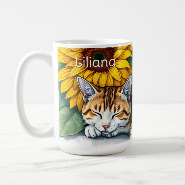 Caneca De Café Sweet Sleepy Kitty Cat and Sunflowers Personalized (Esquerda)