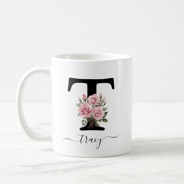 Caneca De Café T Monograma Inicial Flor Floral Rosa Rosas Rosa Mu (Esquerda)