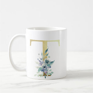 Caneca De Café T ouro inicial com folhagem floral azul