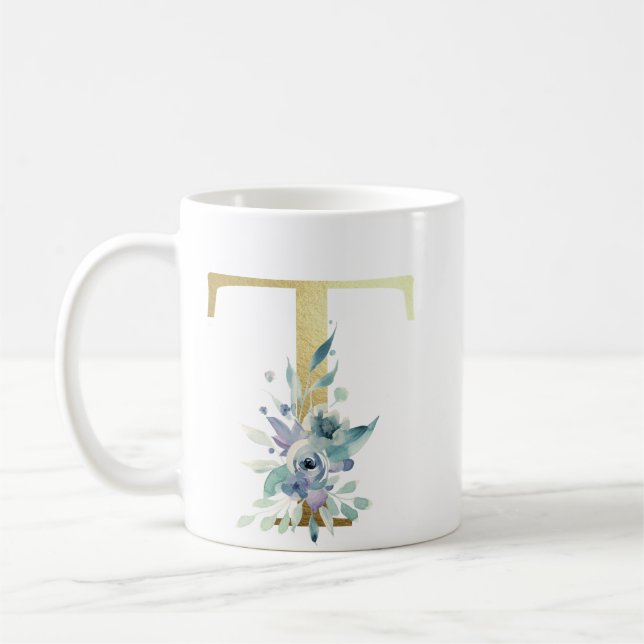 Caneca De Café T ouro inicial com folhagem floral azul (Esquerda)