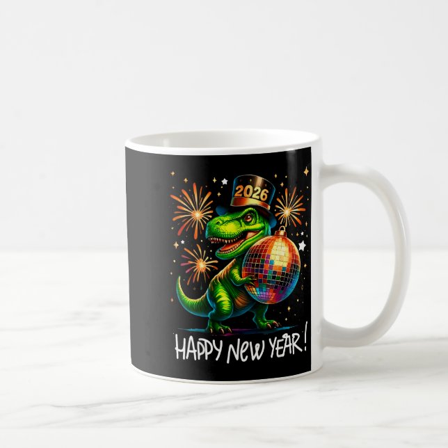 Caneca De Café T Rex Happy New Year 2026 Disco Ball Fireworks Tee (Direita)