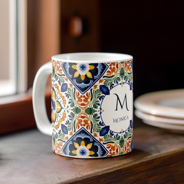 Caneca De Café Talavera Azulejo azulejo (Talavera Azulejo vintage tiles monogram personalized Coffee Mug bridesmaids gifts wedding favors)