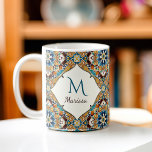 Caneca De Café Talavera-dama-dama-dons monograma<br><div class="desc">Teal Blue e marrom coloridos vintage mexicana talavera azulejo bridesmaids presentes personalizados nome monograma de caneca de café para ela</div>