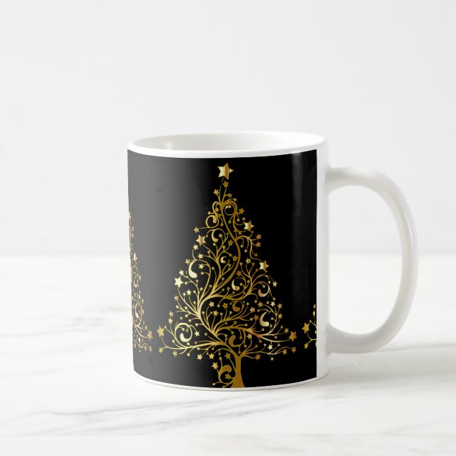 Caneca De Café Tampão da árvore de Natal Elegante Dourada e Merry (Direita)