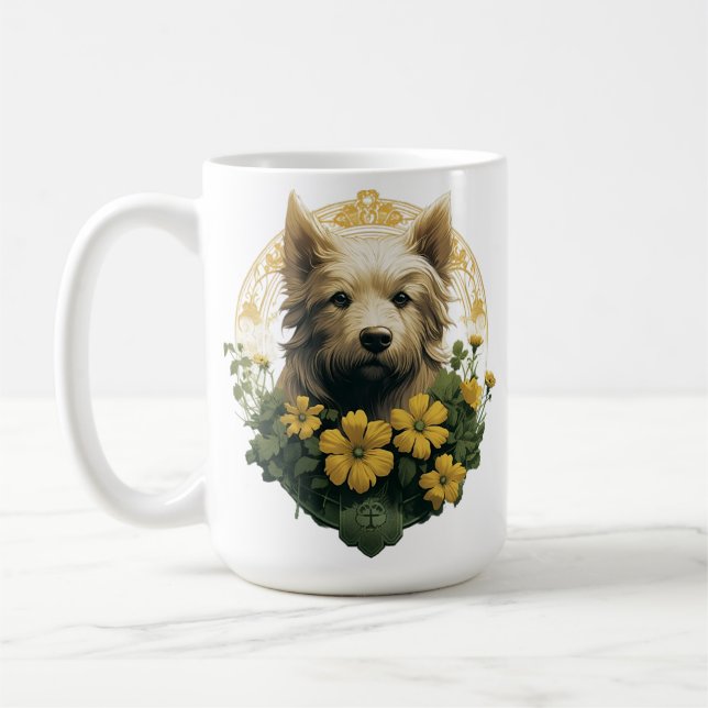 CANECA DE CAFÉ TAN TERRIER DOG COM FLORES IRLANDESAS AMARELAS (Esquerda)