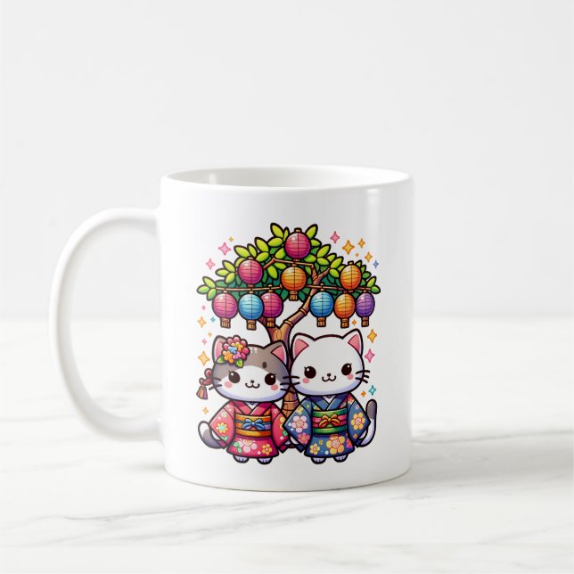 Caneca De Café Tanabata Kittens em Kimonos (Esquerda)