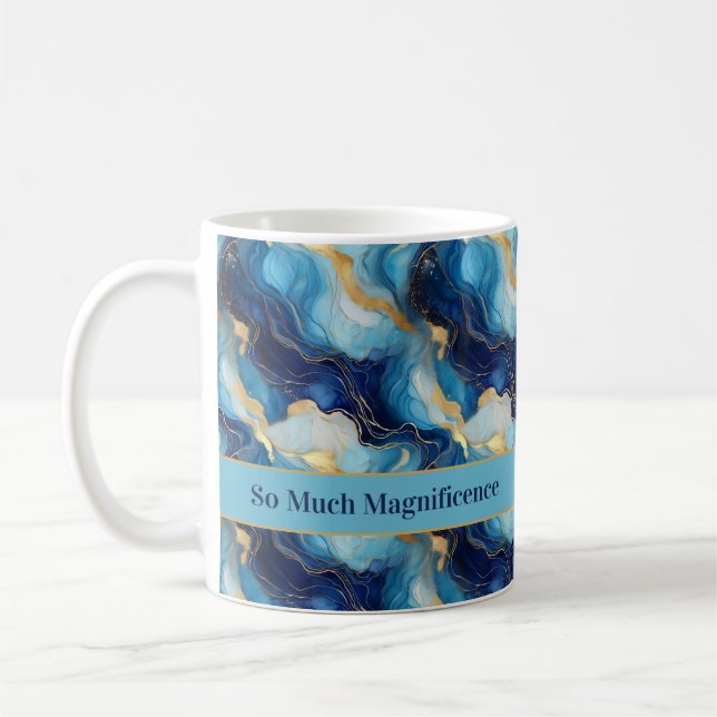 Caneca De Café "Tanta Magnitude" Azul Dourado Decorativo (Esquerda)