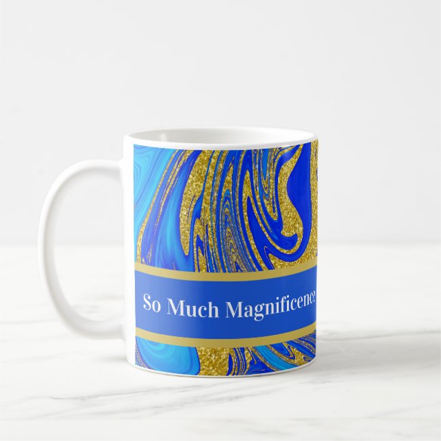Caneca De Café "Tanta Magnitude" Azul Dourado Decorativo (Esquerda)