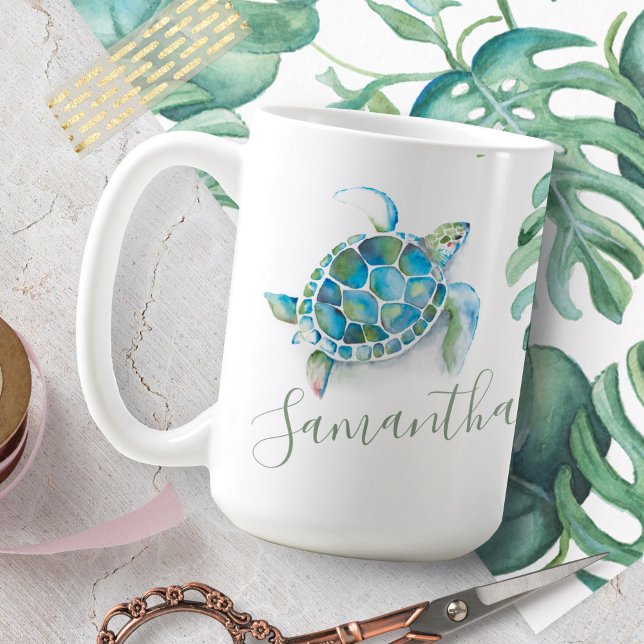 Caneca De Café Tartaruga Costeira Azul e Verde do Mar Personaliza (Tropical coffee mugs sea turtle and palm leaf art by Victoria Grigaliunas of Do Tell A Belle)