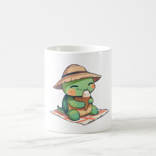Caneca De Café Tartaruga Kawaii Chibi de Chapéu de Palha Comendo