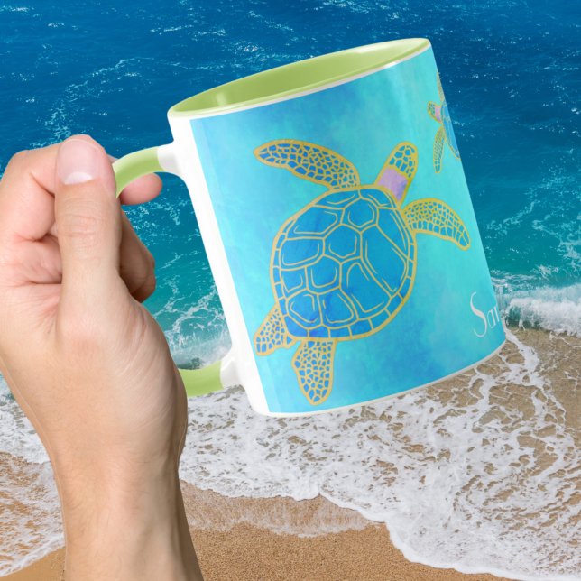Caneca De Café Tartaruga Marinha Costeira Tropical Aqua Azul (Criador carregado)