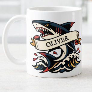 Caneca De Café Tatuagem Retro de Tubarão Náutico