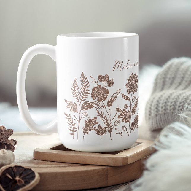 Caneca De Café Taupe de Flores de Folhagem Personalizadas (Personalized Foliage Autumn Flowers Taupe Coffee Mug)