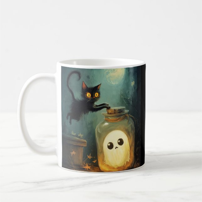 Caneca De Café Te peguei - Gato Halloween e Fantasma (Esquerda)