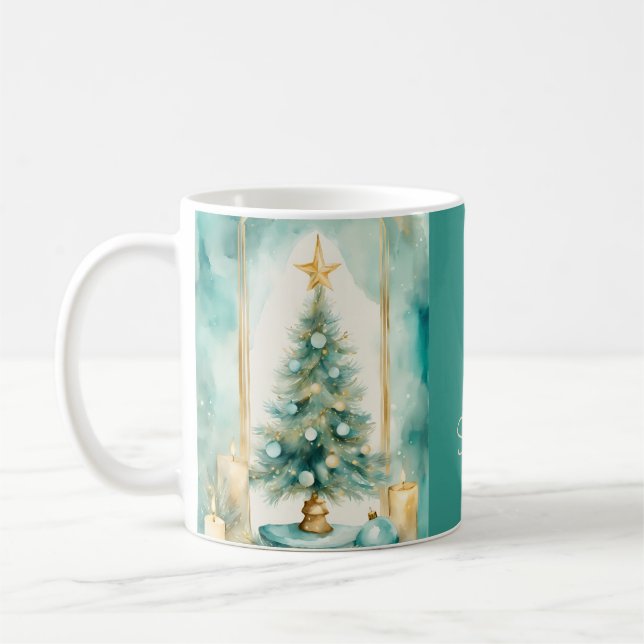 Caneca De Café Teal and Gold Elegant Christmas Tree with Candles (Esquerda)