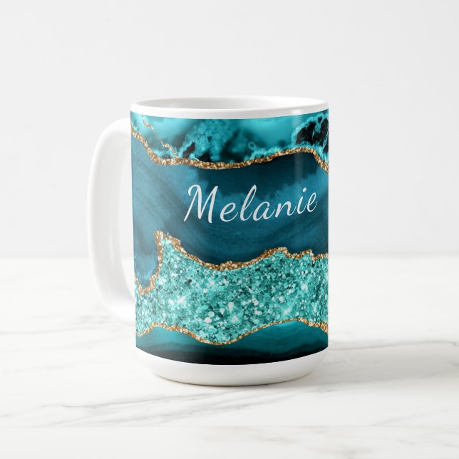 Caneca De Café Teal Blue Glitter Marble Custom Name Mug (Frente Esquerda)