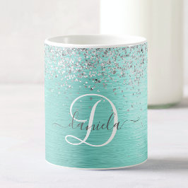 Caneca De Café Teal Brugado Metal Silver Glitter Nome Monograma