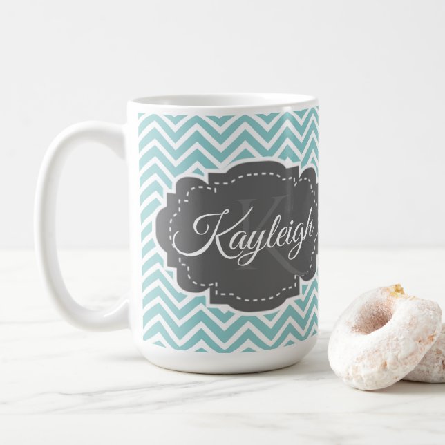 Caneca De Café Teal Chevron Personalizado Coffee Mug (Com Donut)