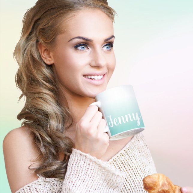 Caneca De Café Teal claro personalizado e boi branco (Personalized Light Teal Gradient Coffee Mug)