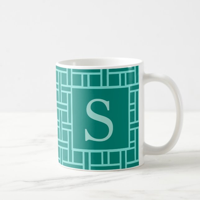 Caneca De Café Teal de Monograma de Padrão Geométrico Popular (Direita)