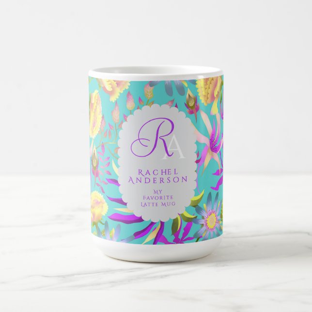 Caneca De Café Teal de Monograma Multifloral Blooming (Centro)