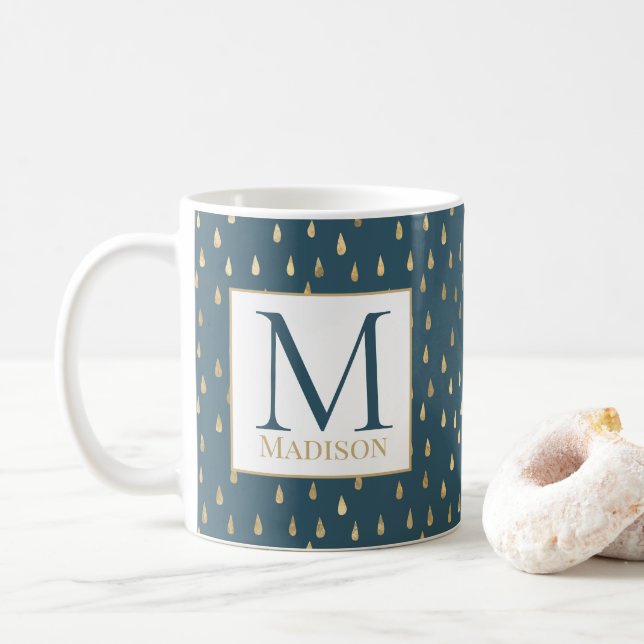 Caneca De Café Teal Dourada Raindrop Modern Trendy Monograma (Com Donut)