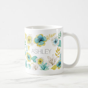 Caneca De Café Teal Dourado Watercolor Nome Floral Gift Mug