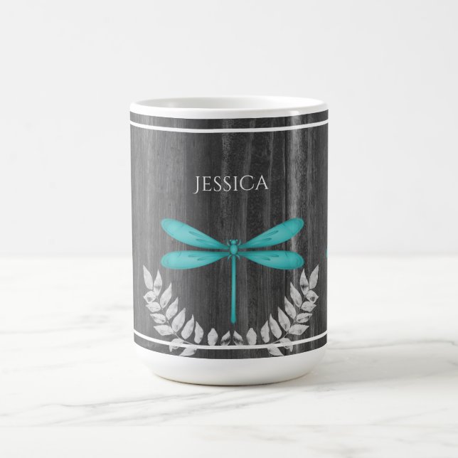 Caneca De Café Teal Dragonfly Rustic Coffee Mug Personalizado (Centro)