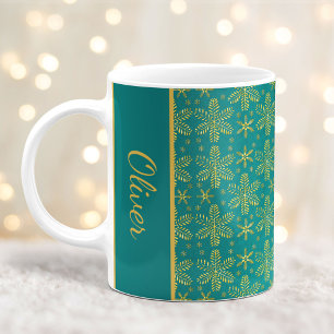 Caneca De Café Teal e Dourado Flocos de Neve, Mug de Natal com No