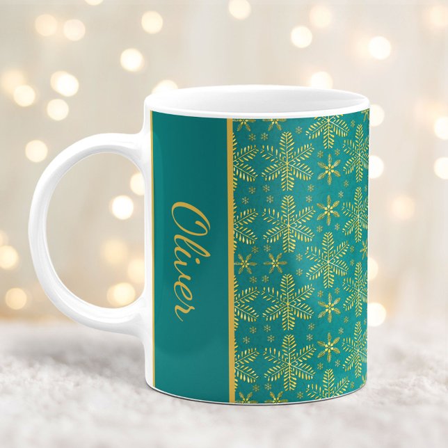 Caneca De Café Teal e Dourado Flocos de Neve, Mug de Natal com No (Criador carregado)
