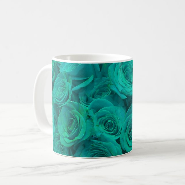 Caneca De Café Teal elegante romântico - rosas verdes (Frente Esquerda)