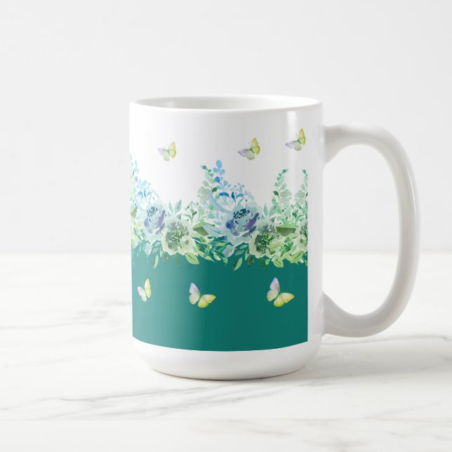 Caneca De Café Teal Green Butterflies Floral Mug (Direita)
