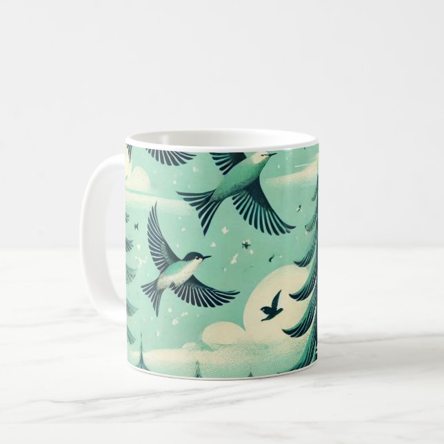 Caneca De Café Teal Green Forest e Birds (Frente Esquerda)