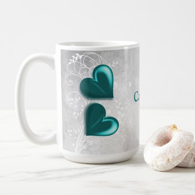 Caneca De Café Teal Hearts Personalised Coffee Mug (Com Donut)