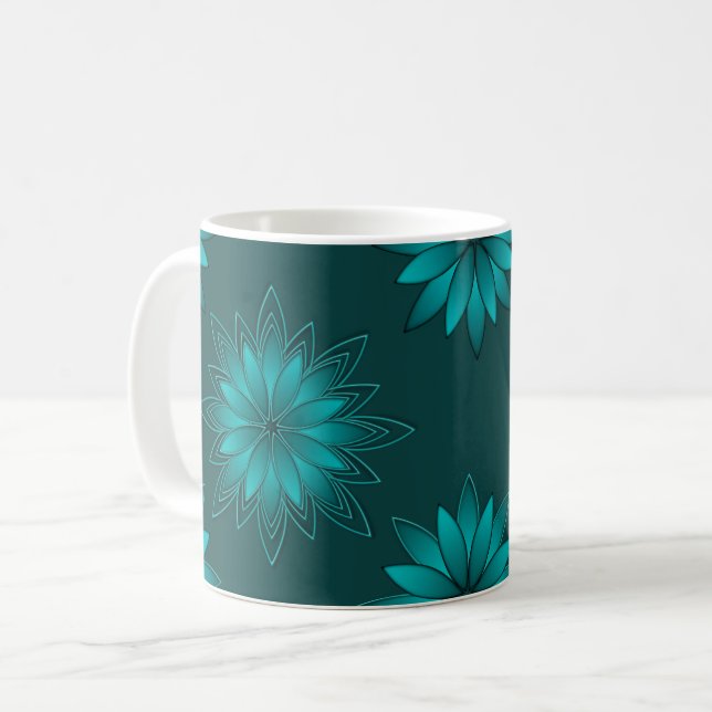 Caneca De Café Teal Leaf Mandala Design on Dark Cyan (Frente Esquerda)