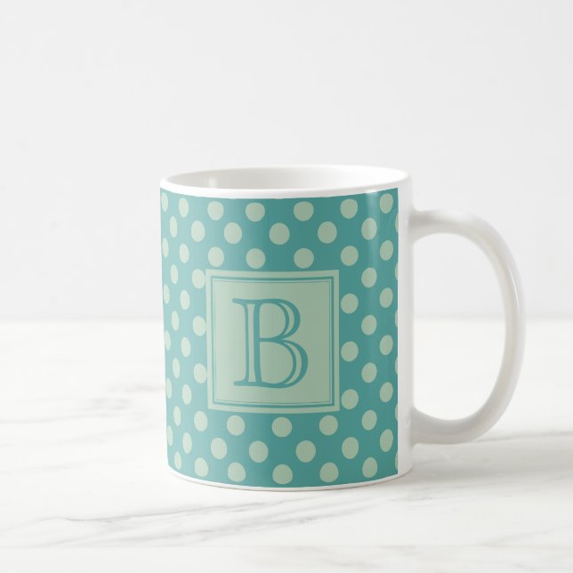 Caneca De Café Teal Monogram Polka Dot Pattern (Direita)