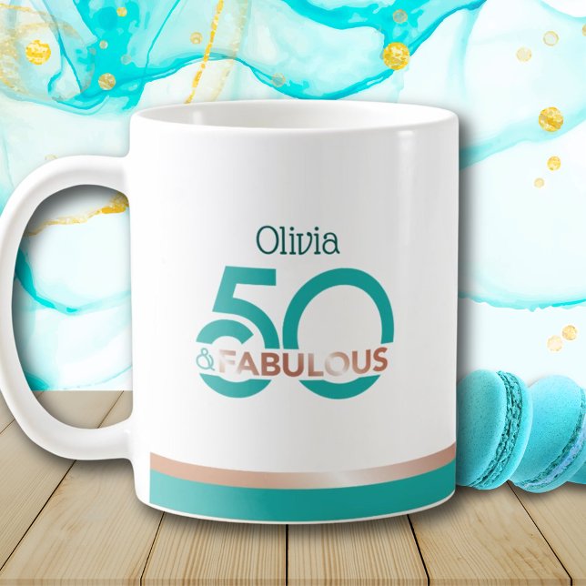 Caneca De Café Teal Rosa Dourado 50 e Fabuloso Aniversário Modern (Criador carregado)