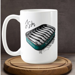 Caneca De Café Teal Sardine Art Tin Custom Monographic Name
