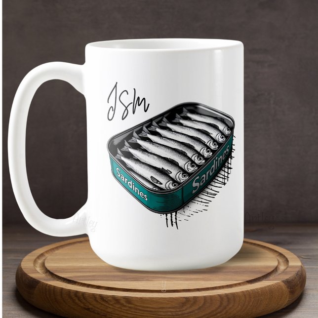 Caneca De Café Teal Sardine Art Tin Custom Monographic Name (Criador carregado)