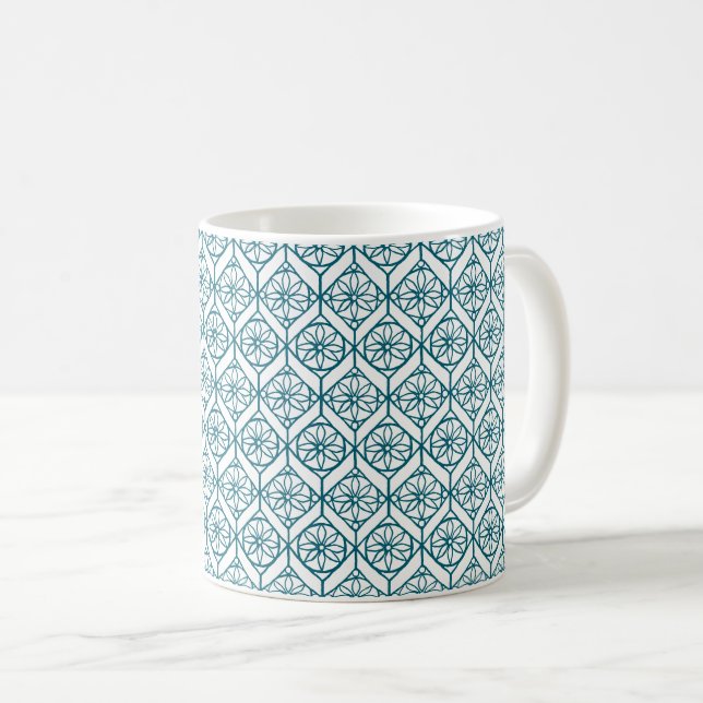 Caneca De Café Teal sobre Padrão Étnico Branco, Flores, Chevrons (Frente Esquerda)